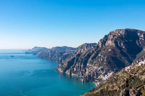 Panoramic view from hiking trail Path of Gods between coastal towns Positan.. Stock Photos