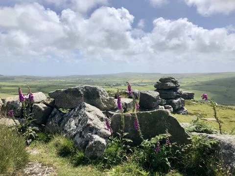 Panoramic View From Hilltop Cornish Moors With Foxglove And Rocky Foreground Foto stock