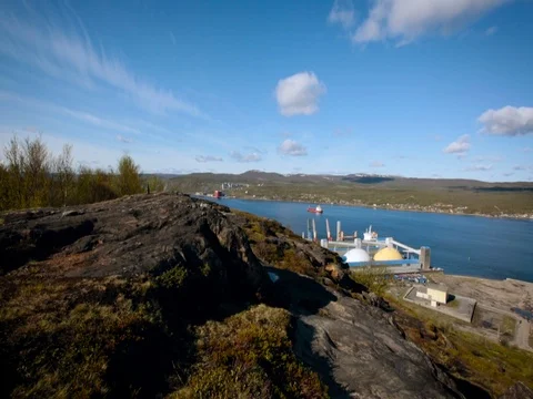 Panoramic View From the Hilly Area on the Navigable River in Murmansk. Sunny Stock Footage 71554549