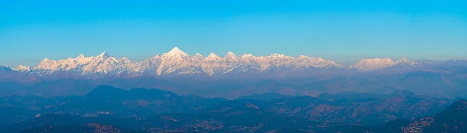 Panoramic view of Himalayan Mountain Ranges at Kasardevi, Almora, Uttarakhand, Stock Photos