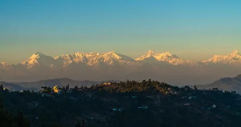 Panoramic view of Himalayan Mountain Ranges at Kasardevi, Nanital, Uttarakhand,  Stock Photos