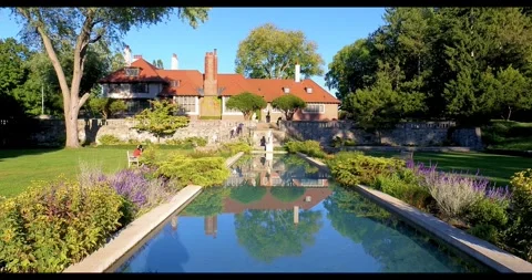 Panoramic view of historic Cranbrook house and gardens rear view in Michiga.. Stock Footage 313698426