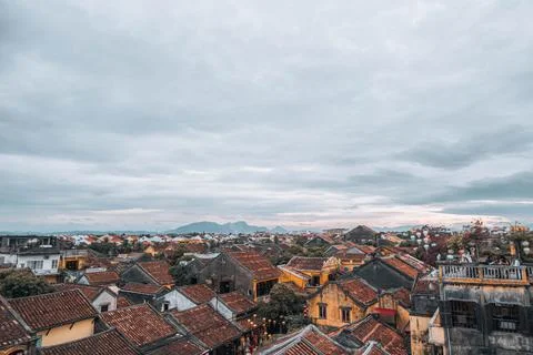 Panoramic view of historic Hoi An rooftops and colorful lanterns Stock Photos