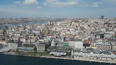 Panoramic view of a historic waterfront district and the Galata Tower. Stock Footage 328917071