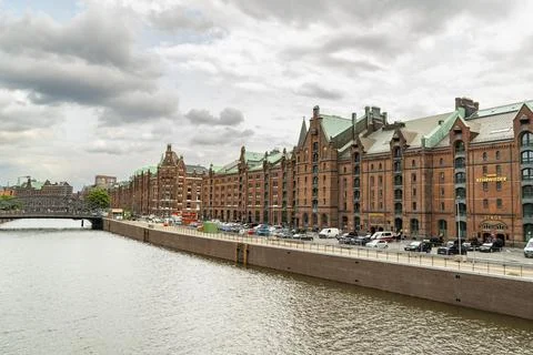 Panoramic view of the historical brick warehouse district Speicherstadt in .. Stock Photos