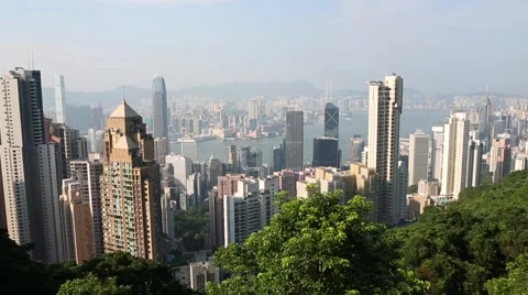 Panoramic view of Hong Kong from the funicular train climbing Victoria Peak Stock Footage 50265232