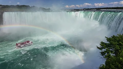 Panoramic view of Horseshoe Falls at Niagara with rainbow and tour boat Stock Footage 342551545