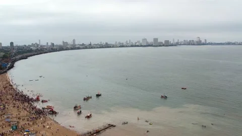 Panoramic view of huge crowd of people at chowpatty beach Stock Footage 219565987
