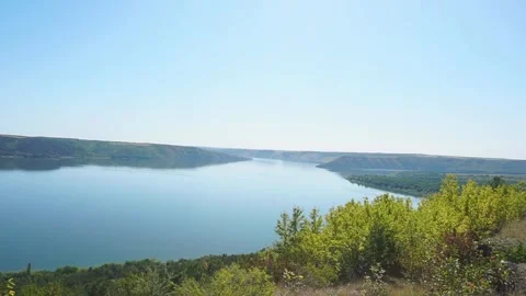 Panoramic view of huge river of Dnister, Ukraine, green forest near the river Stock Footage 251791778