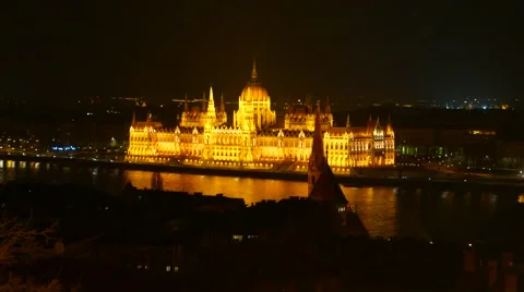 Panoramic view of the Hungarian Parliament at night Stock Footage 59572864
