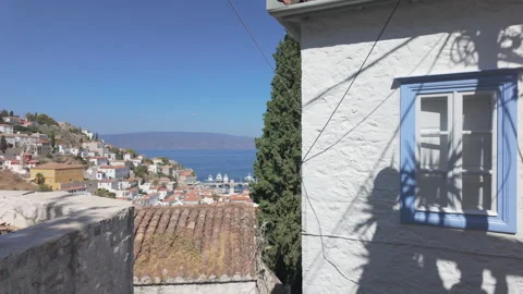 Panoramic View of Hydra Town and Harbor Stock Footage 290113477