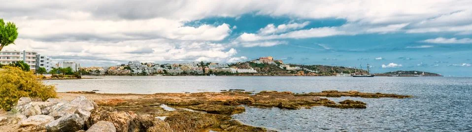 Panoramic view of ibiza city and mediterranean sea Stock Photos