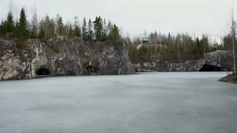 A panoramic view of an ice-covered marble quarry in Karelia. Stock Footage 139490647