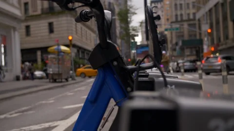Panoramic View Of Iconic New York Street with Blue colourful Bike  Stock Footage 114043125