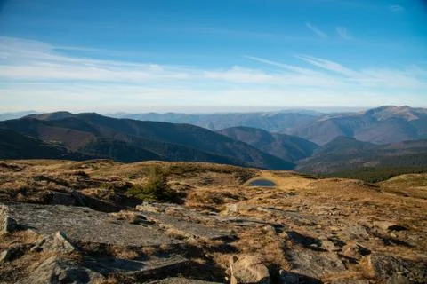 Panoramic view of idyllic mountain scenery in sunny day Stock Photos