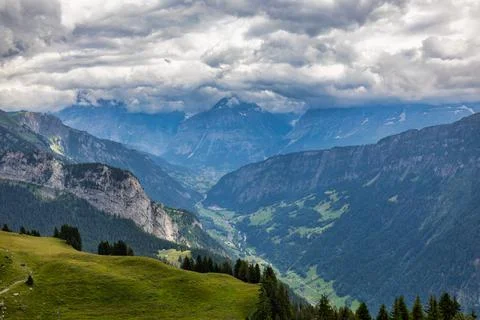 Panoramic view of idyllic mountain scenery in the Alps with fresh green mea.. Stock Photos