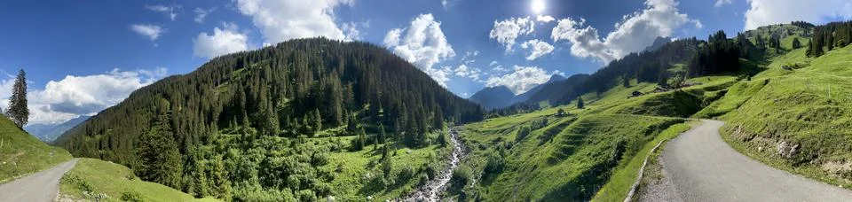 Panoramic view of the idyllic Rellstal valley (Montafon, Vorarlberg, Austria). Stock Photos