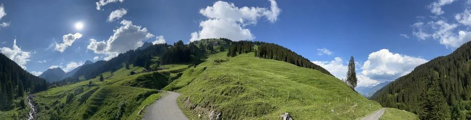 Panoramic view of the idyllic Rellstal valley (Montafon, Vorarlberg, Austria). Stock Photos