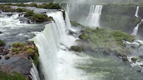 Panoramic View of Iguazu Falls with Cascades and Mist, Brazil Stock Footage 339431243