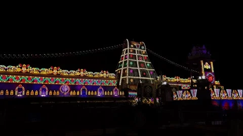 Panoramic view of illuminated lights decorating the famous Tirupati Balaji .. Stock-Footage 252508471