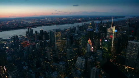 Panoramic View of Illuminated Skyscrapers and Hudson River, New York Stock Footage 24239995