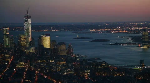 Panoramic View of Illuminated Skyscrapers and Hudson River, New York Stock Footage 24242657