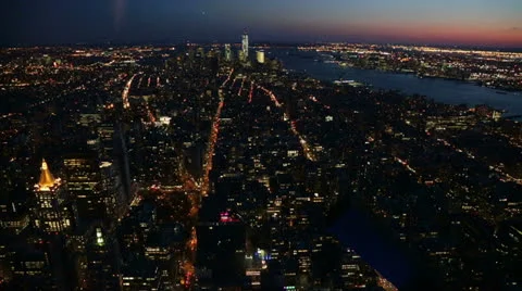 Panoramic View of Illuminated Skyscrapers and Hudson River, New York Stock Footage 24245664
