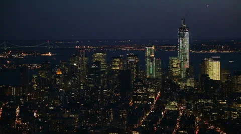 Panoramic View of Illuminated Skyscrapers and Hudson River, New York Stock Footage 24246442