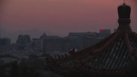 Panoramic view of impressive sunset, temple and buildings in Beijing Stock Footage 122377619