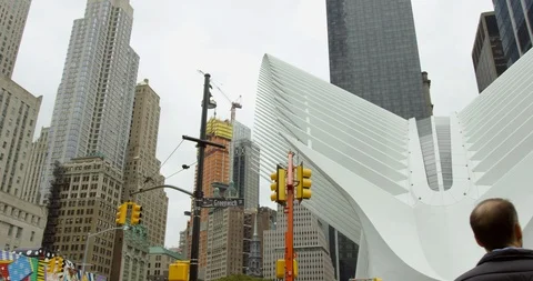 Panoramic View Of The Incredible Oculus Surrounded By Massive Skyscrapers Stock Footage 112587659
