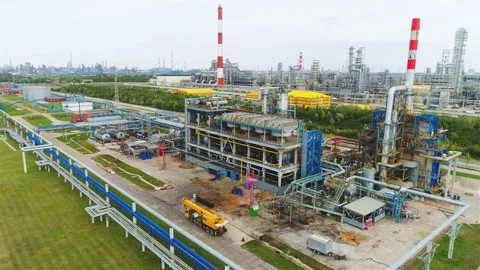 Panoramic View Industrial Complex with Towers and Pipelines Stock Footage 81801612