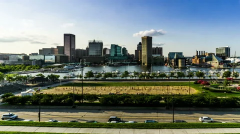 The panoramic view of Inner Harbor from Federal Hill, Baltimore. Timelapse 스톡 동영상 61879080