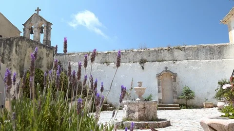 Panoramic view of inner yard of Monastery of Saint George Kremnon on Zakynthos Stock Footage 117715943