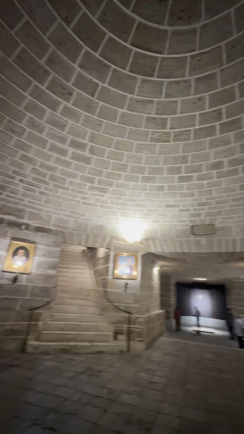 Panoramic view inside a historic underground crypt with stone walls Stock Footage 337230037