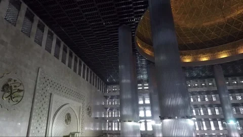 Panoramic View Inside Istiqlal Mosque, Jakarta, Java, Indonesia Stock Footage 313835376