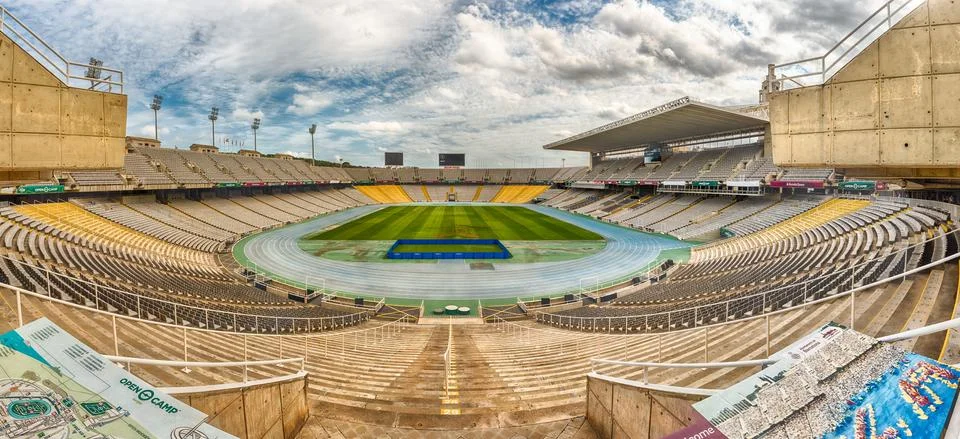Panoramic view inside the Olympic Stadium, Montjuic, Barcelona, Catalonia, Sp Foto stock
