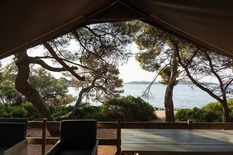 Panoramic view from inside a safari tent Stock Photos