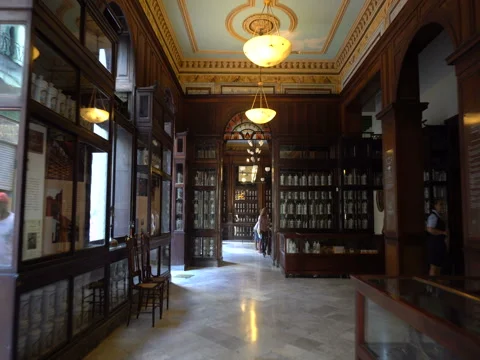 Panoramic view of interior in antique vintage pharmacy museum at Havana Stock Footage 71037647