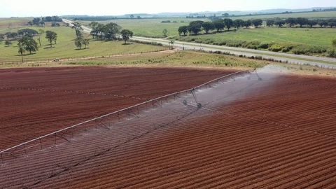 Panoramic View Of Irrigation System In The Agricultural Field - Rural Scene 129571984