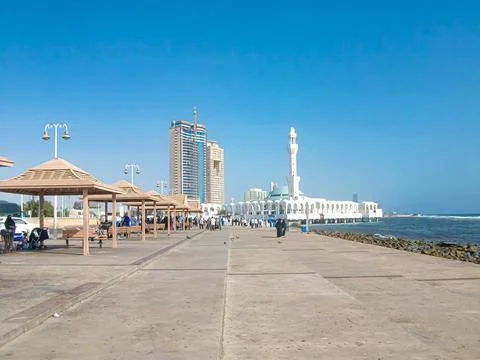 Panoramic View of Jeddah Corniche with Al Rahma Mosque and Red Sea Waterfron Stock Photos