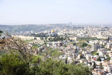 A panoramic view of Jerusalem and the wall of the old city Stock Photos