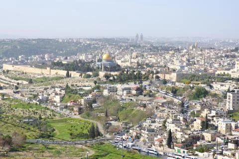 A panoramic view of Jerusalem and the wall of the old city Stock Photos