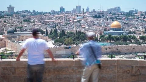 Panoramic view on Jerusalem timelapse with the Dome of the Rock from the Moun Stock Photos