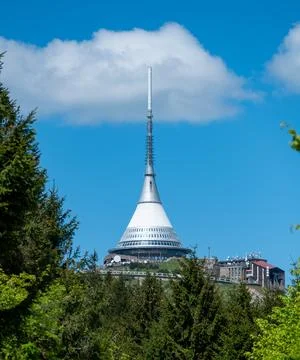 Panoramic view of Jested mountain with its iconic tower on the top, surroun.. Stock-Fotos