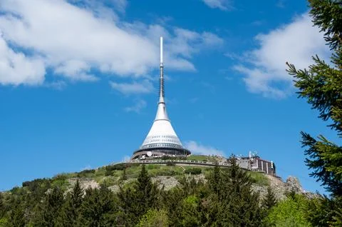 Panoramic view of Jested mountain with its iconic tower on the top, surroun.. Stock Photos