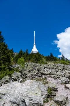 Panoramic view of Jested mountain with its iconic tower on the top, surroun.. Stock-Fotos