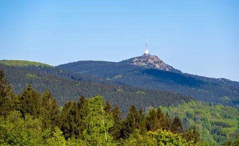 Panoramic view of Jested mountain with its iconic tower on the top, surroun.. Stock-Fotos