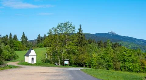 Panoramic view of Jested mountain with its iconic tower on the top, surroun.. Stock Photos