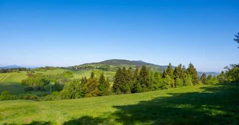 Panoramic view of Jested mountain with its iconic tower on the top, surroun.. Stock-Fotos