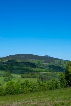 Panoramic view of Jested mountain with its iconic tower on the top, surroun.. Stock Photos